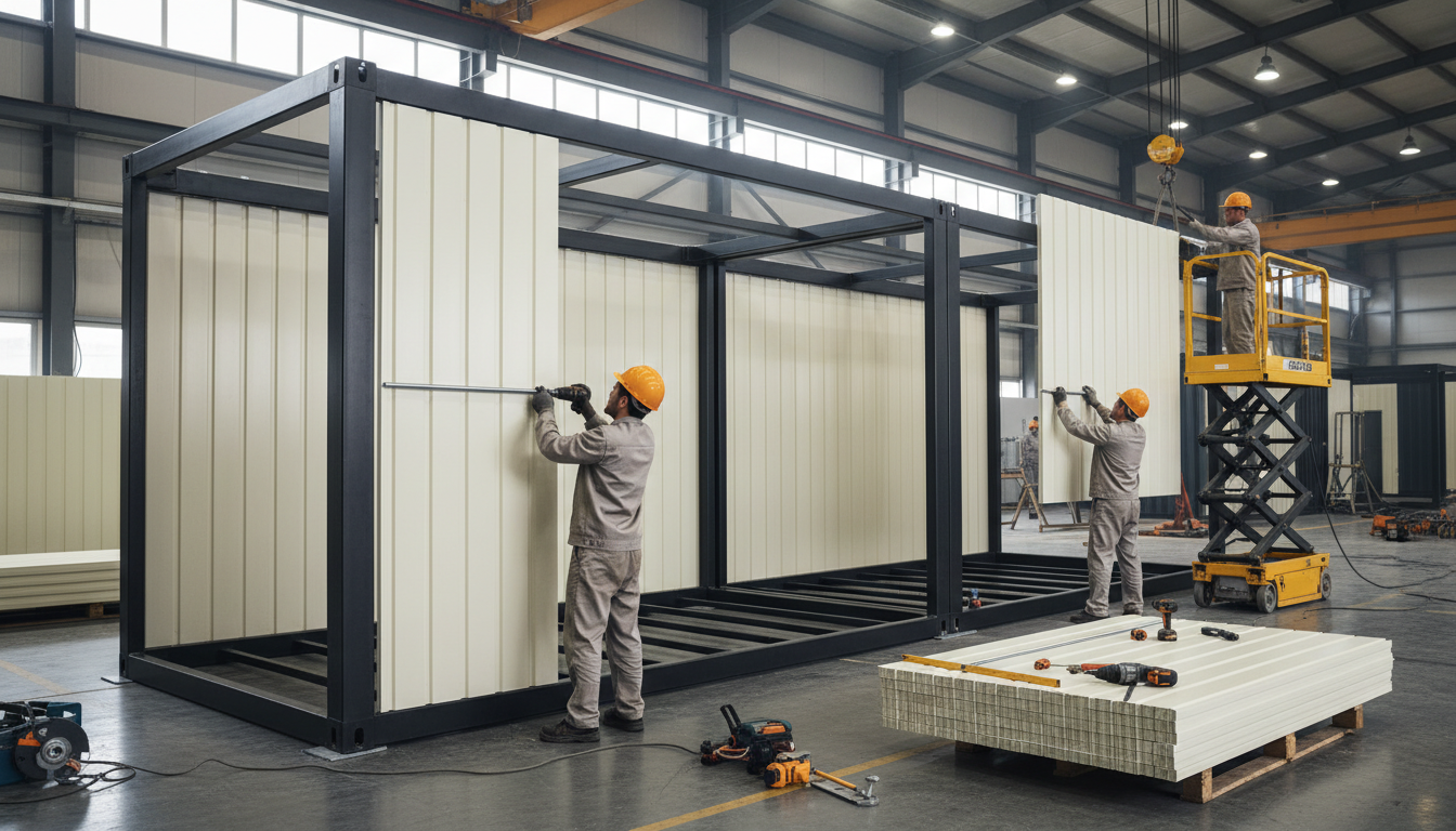Montage gedämmter Sandwichpaneele bei Exwest Modular